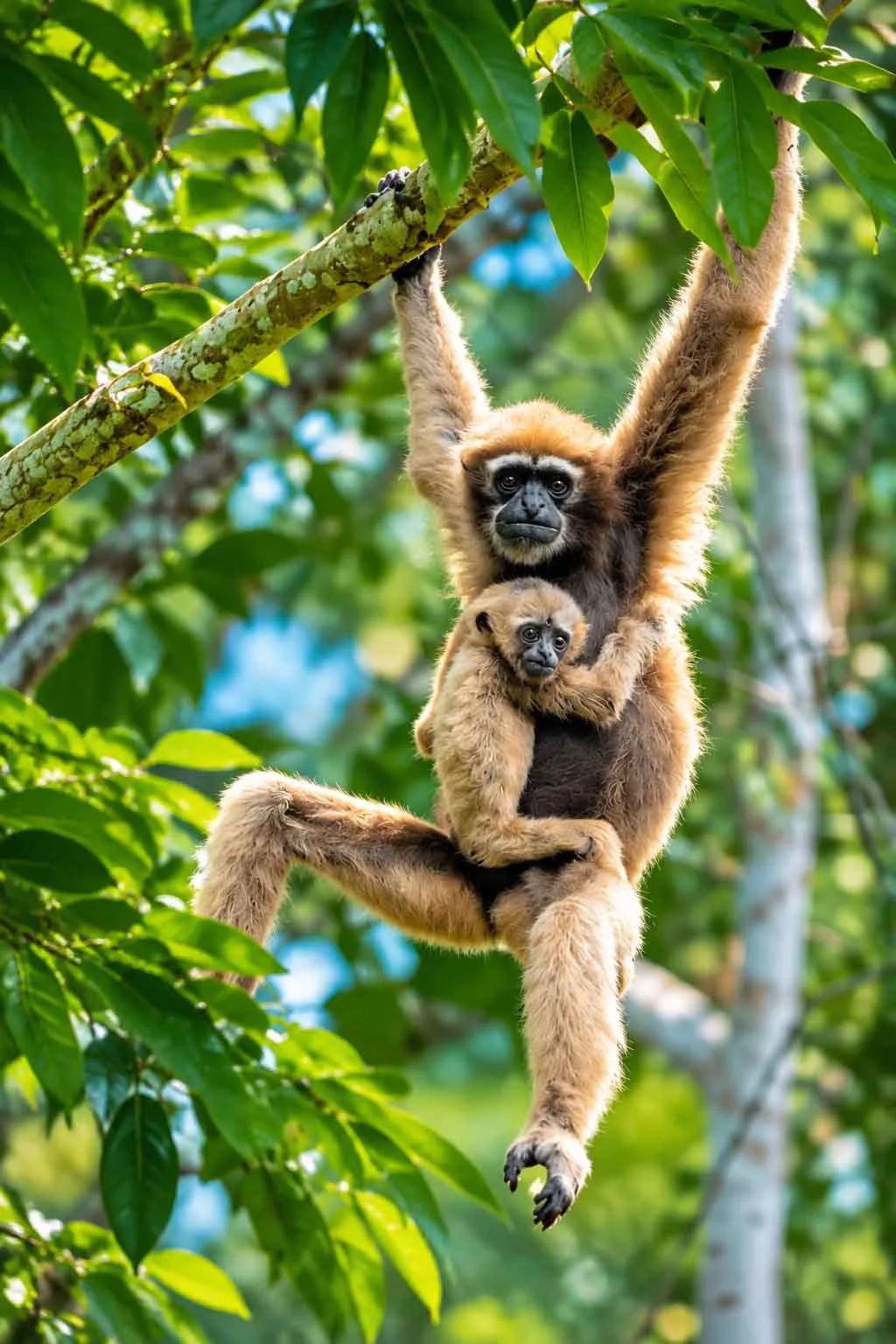 A mother Western Hoolock Gibbon with light brown fur hanging from a tree branch while holding her small baby infant tightly against her chest in the dense green forest canopy of Lawachara National Park.