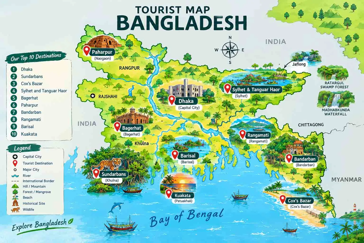 Illustrated tourist map of Bangladesh highlighting offbeat travel destinations, including Paharpur, Bagerhat, the Sundarbans, Sylhet, Tanguar Haor, Rangamati, Bandarban, Barisal, Kuakata, and Cox’s Bazar.