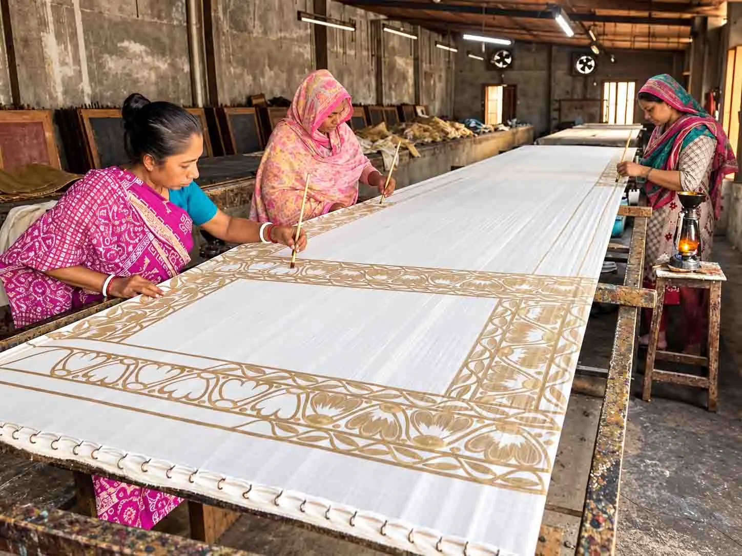 Three Bangladeshi women artisans wearing colorful sarees hand-painting elaborate golden floral motifs with fine brushes onto a long, stretched white silk fabric in a traditional workshop. 