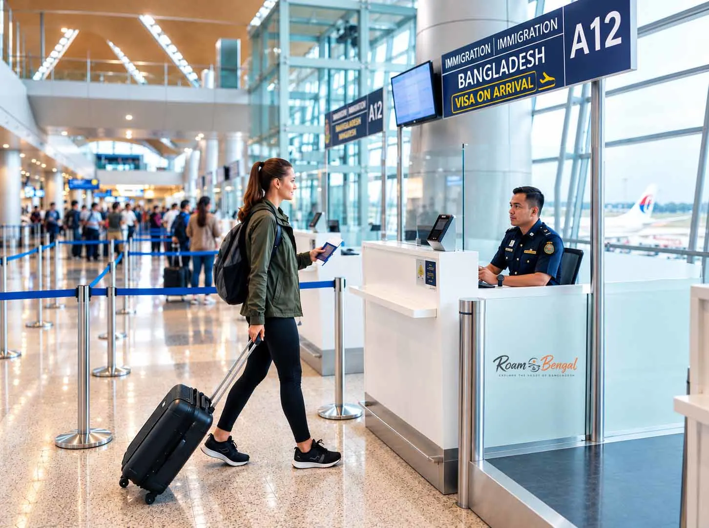 Traveler presenting travel documents to an immigration officer at an airport immigration checkpoint.