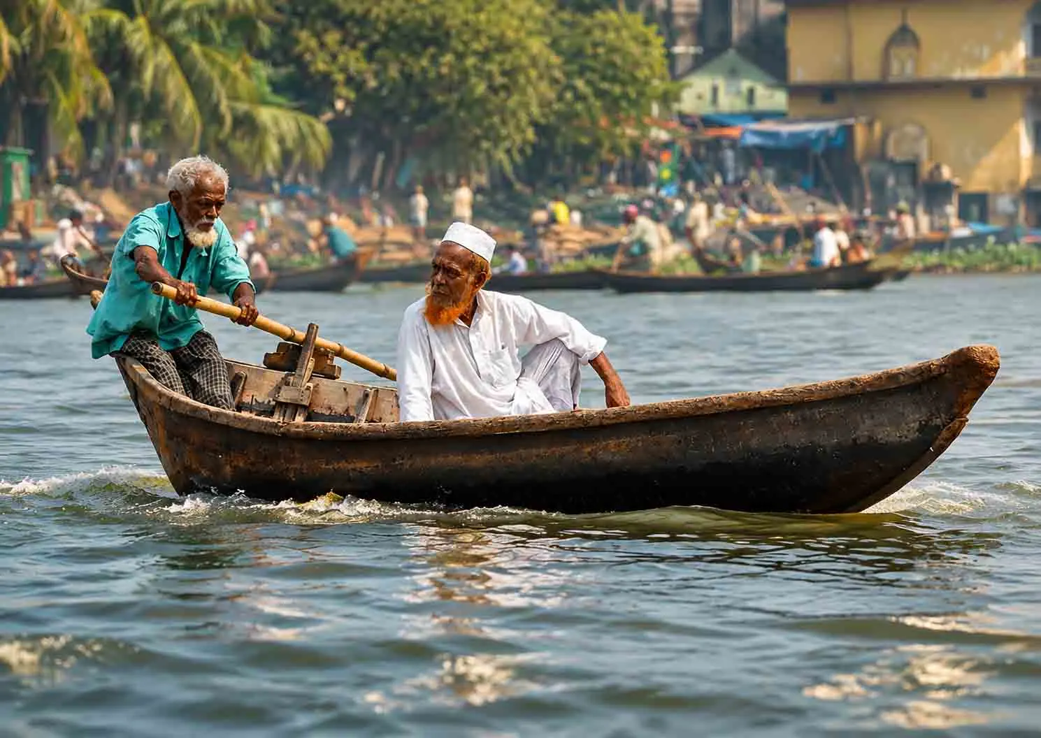 Traditional wooden boat on the Buriganga River in Dhaka, Bangladesh featuring local boatmen, authentic river life, and cultural heritage scenes reflecting the timeless connection between Bengal's people and waterways.