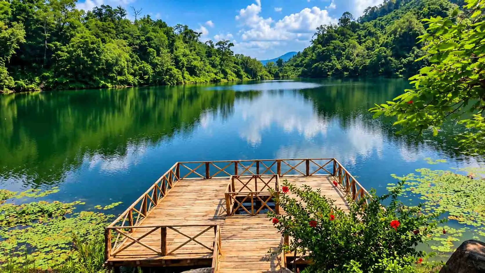 A scenic wide shot of Boga Lake in Bandarban with a wooden viewing deck in the foreground, calm emerald water reflecting white clouds, and lush green tropical hills under a clear blue sky. 