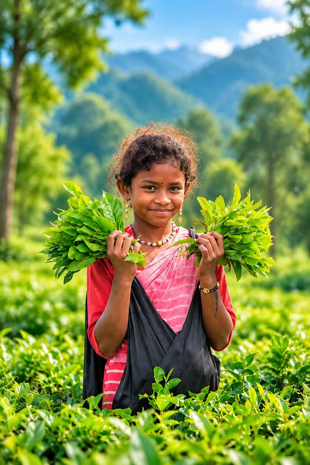 A young tea garden worker in Sreemangal smiling at the camera while holding two vibrant bunches of freshly plucked green tea leaves, surrounded by lush green tea bushes with rolling hills in the background. 