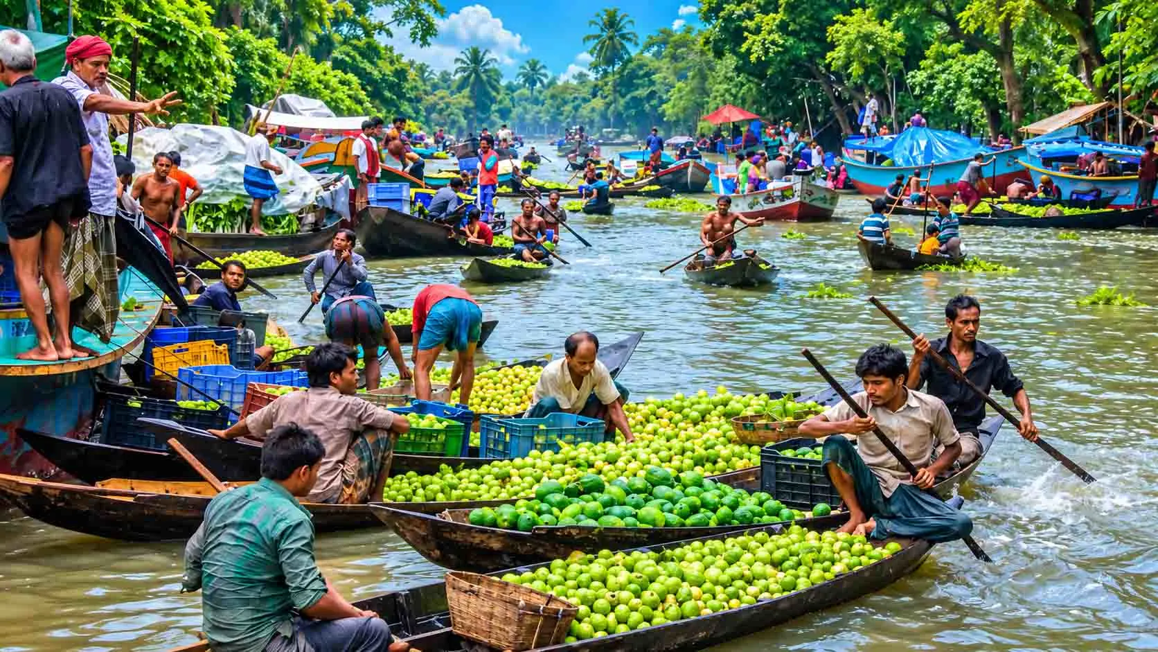 A vibrant wide view of the floating guava market at Vimruli, showing local farmers rowing wooden country boats filled with fresh green guavas along a tree-lined canal under a bright sky. 