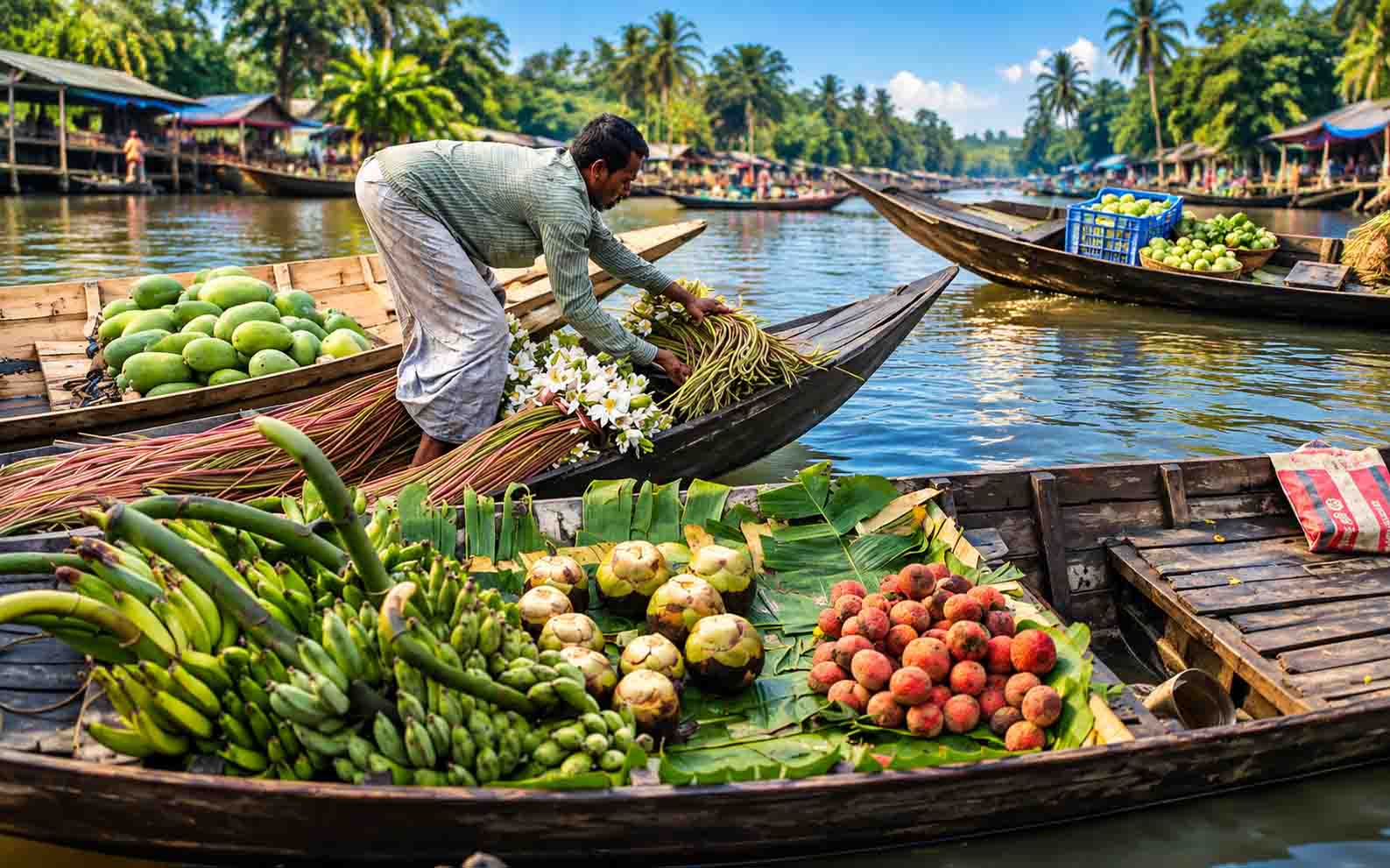 A detailed view of wooden country boats loaded with fresh produce including green bananas, palm fruits, and harvested white water lilies (shapla), as a local trader arranges stems along a tropical canal in Barishal.