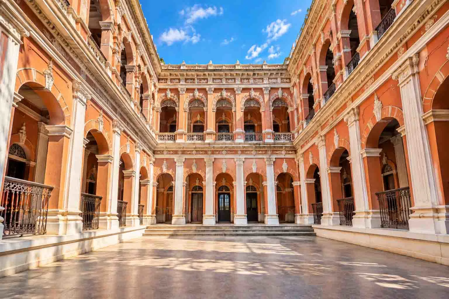 A wide daytime view looking up inside the restored courtyard of Boro Sardar Bari in Sonargaon, showing multi-story terracotta-colored walls, white classical columns, and ornate archways under a bright blue sky.