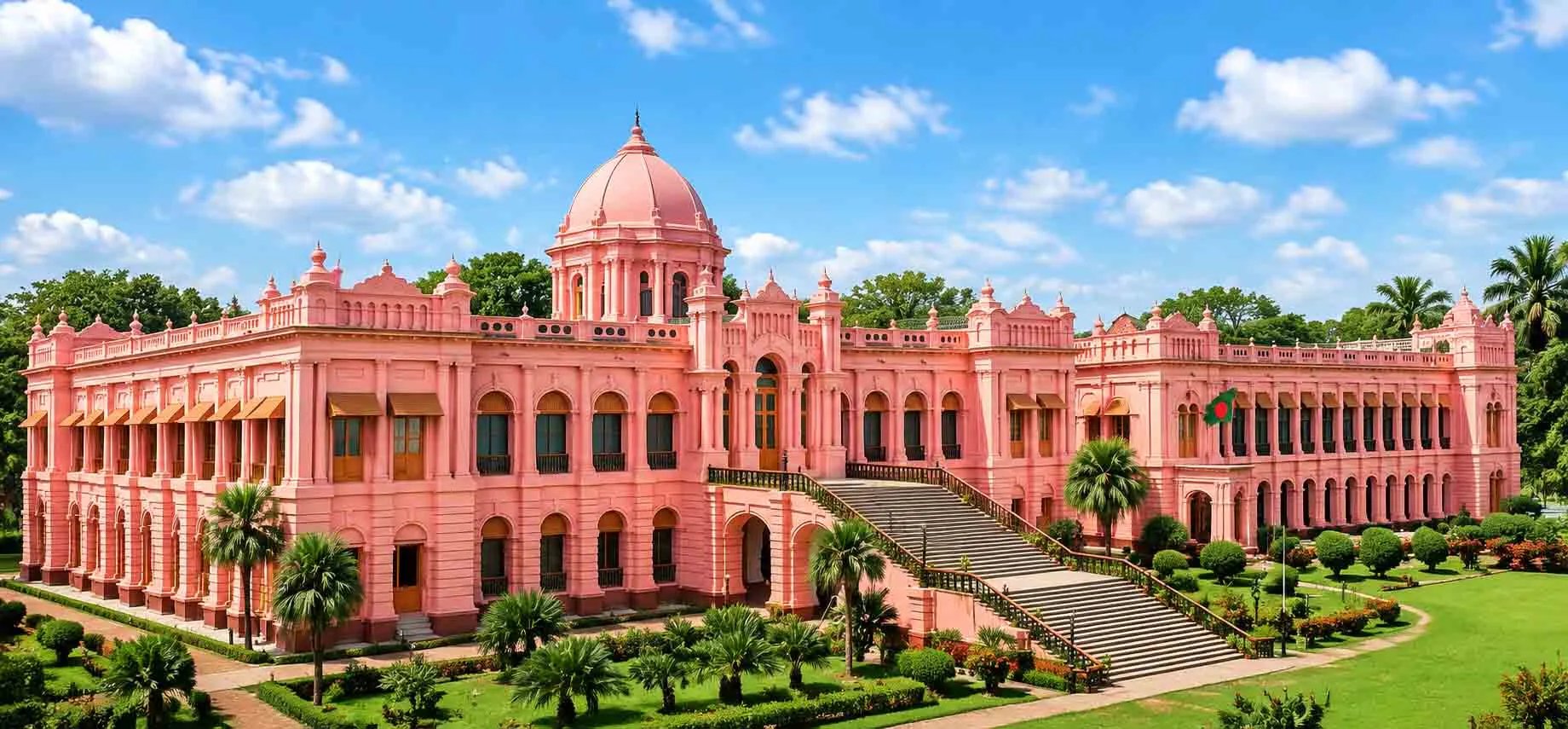 Ahsan Manzil Pink Palace in Dhaka, Bangladesh featuring magnificent Indo-European architecture, elegant royal domes, historic facades, and beautifully landscaped gardens that showcase the cultural heritage and aristocratic legacy of Bengal.