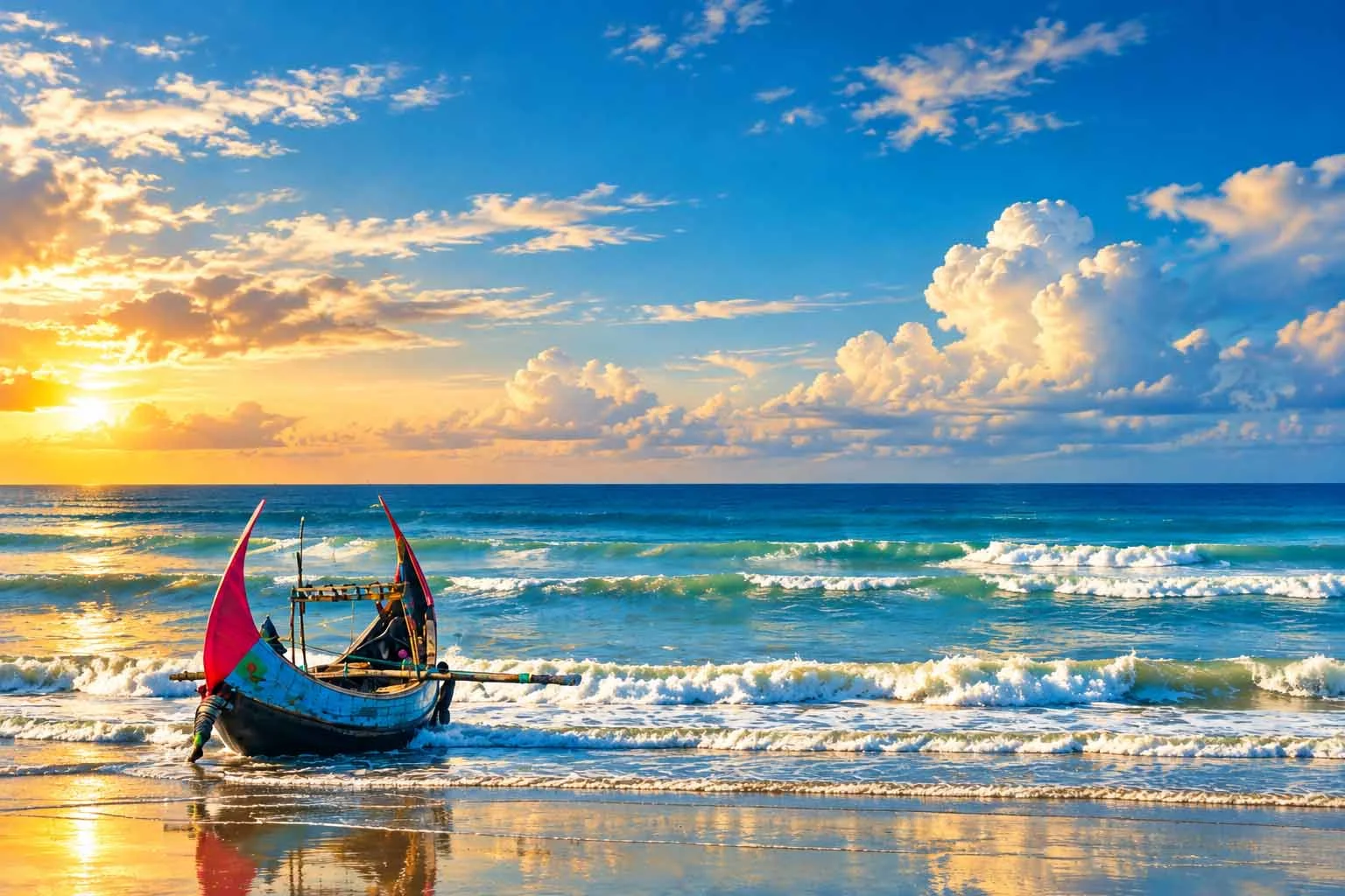 Cox's Bazar Bangladesh beach during sunset with a traditional fishing boat on the sea waves