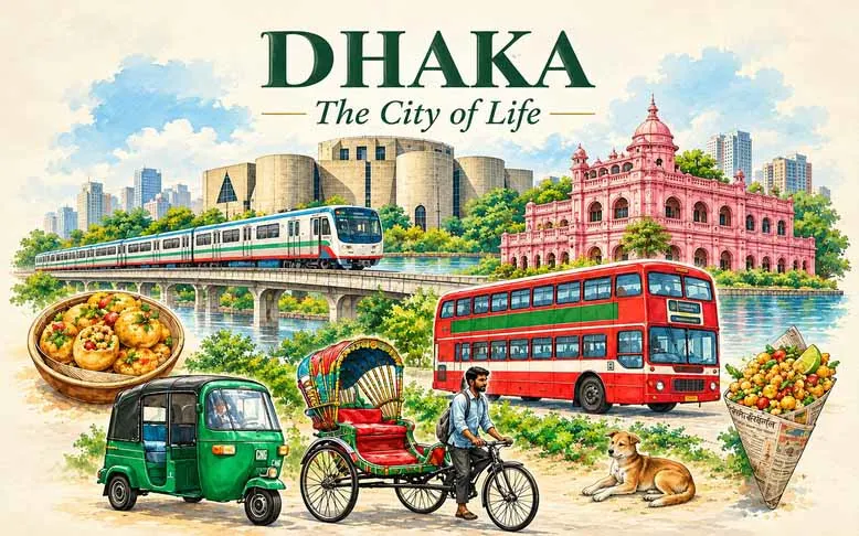 Illustrated Dhaka cityscape featuring traditional rickshaws, historic architecture, street food, and everyday life in Bangladesh.