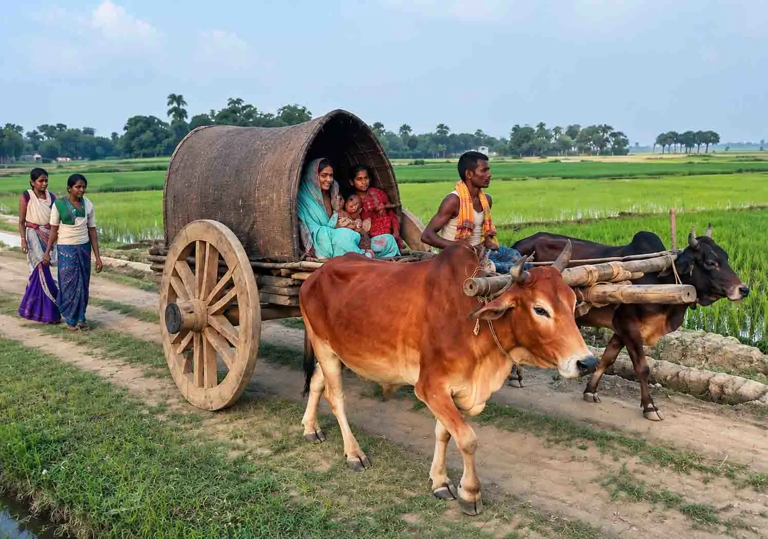 A side-angle shot of a traditional wooden bullock cart pulled by two oxen carrying a Bangladeshi family along a dirt path beside vibrant green rice fields in rural Bengal. 