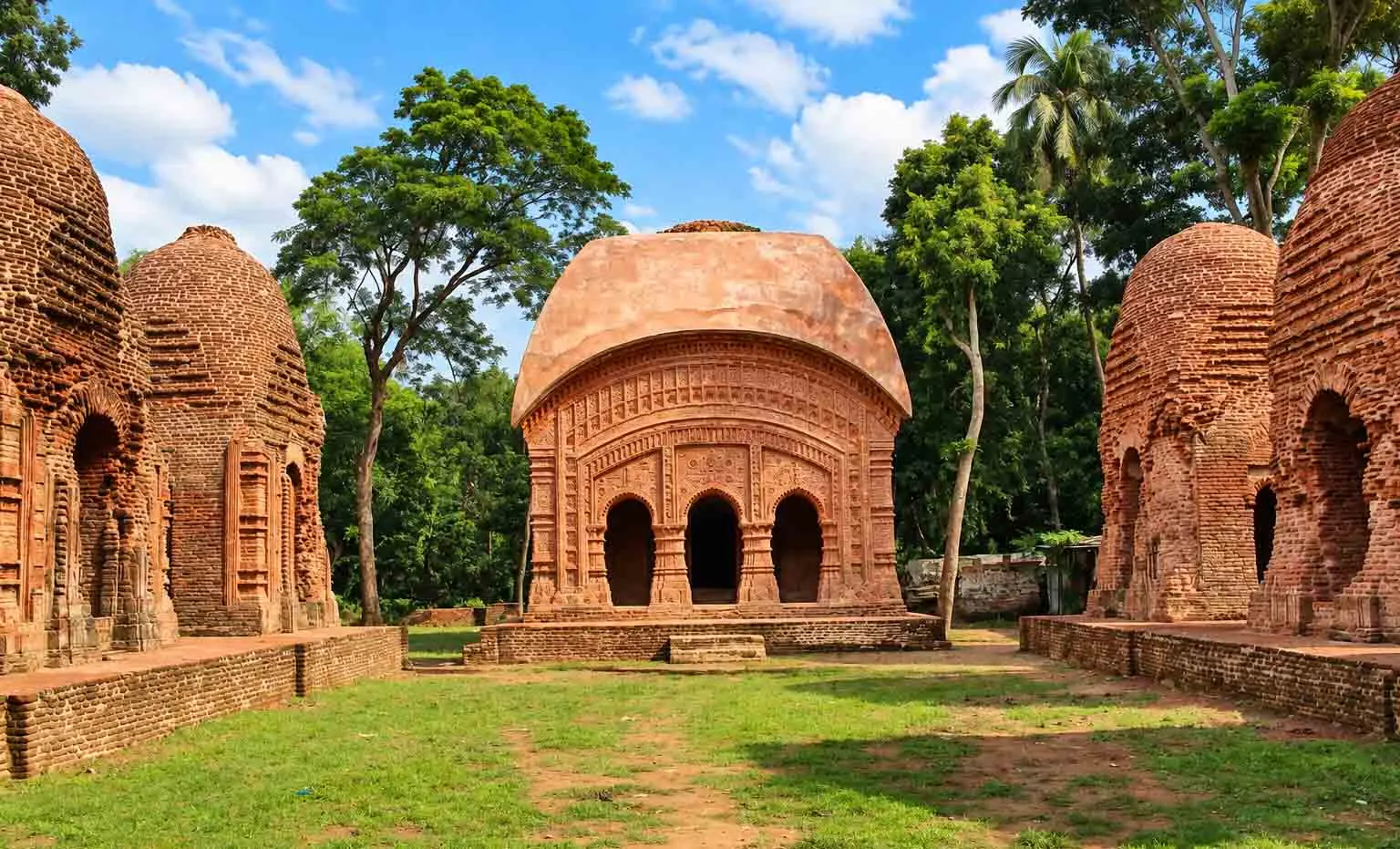 A wide view of a red terracotta temple complex featuring a central curved-roof temple flanked by brick spire shrines set in a grassy courtyard with lush trees under a blue sky. 