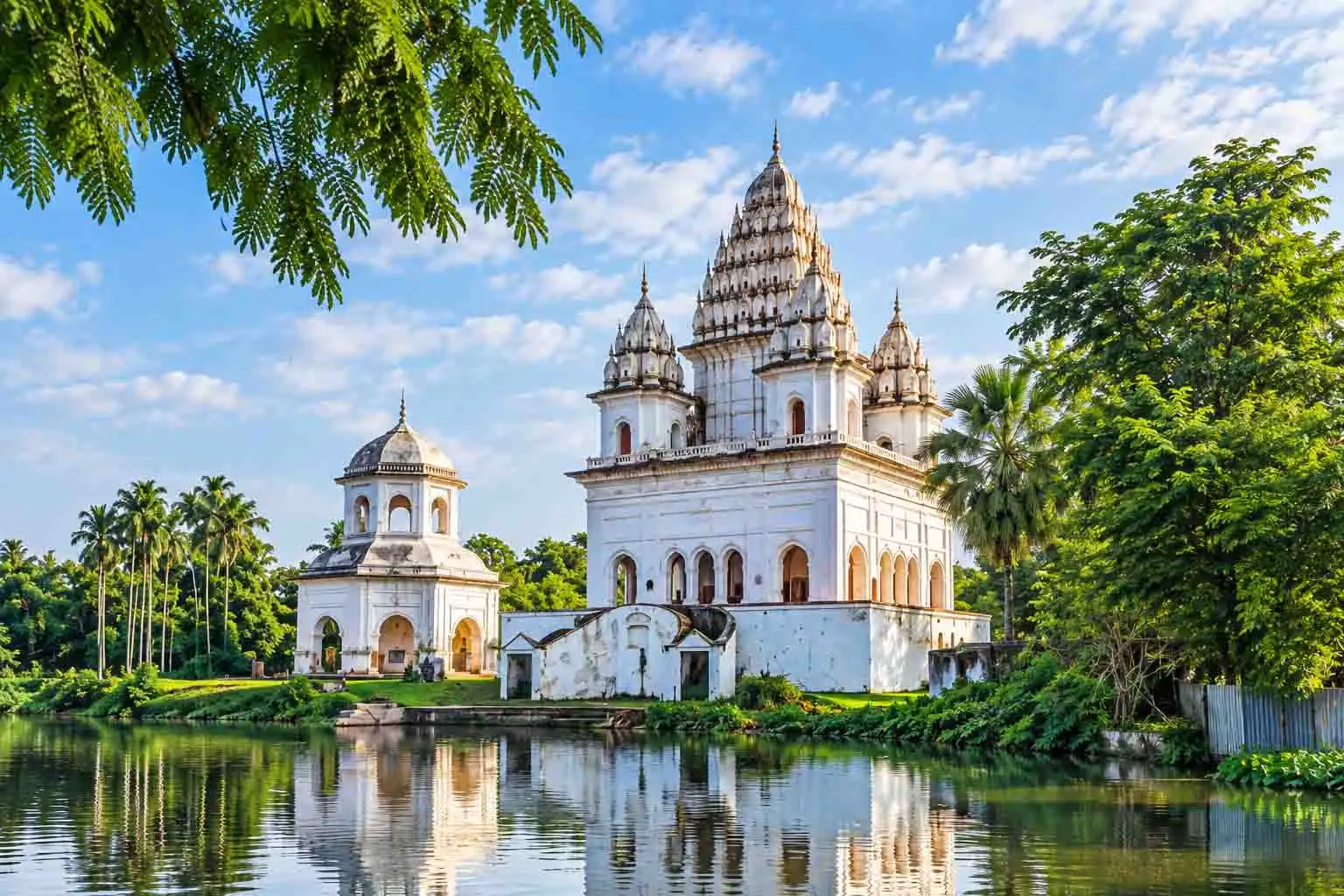 Historic Shiva Temple in Puthia, Rajshahi, Bangladesh, featuring ornate white temple spires beside a pond surrounded by lush greenery.