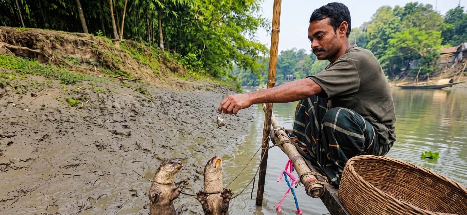 A Bangladeshi fisherman sitting on a wooden boat feeding small fish to trained smooth-coated otters standing on their hind legs along a muddy riverbank. 