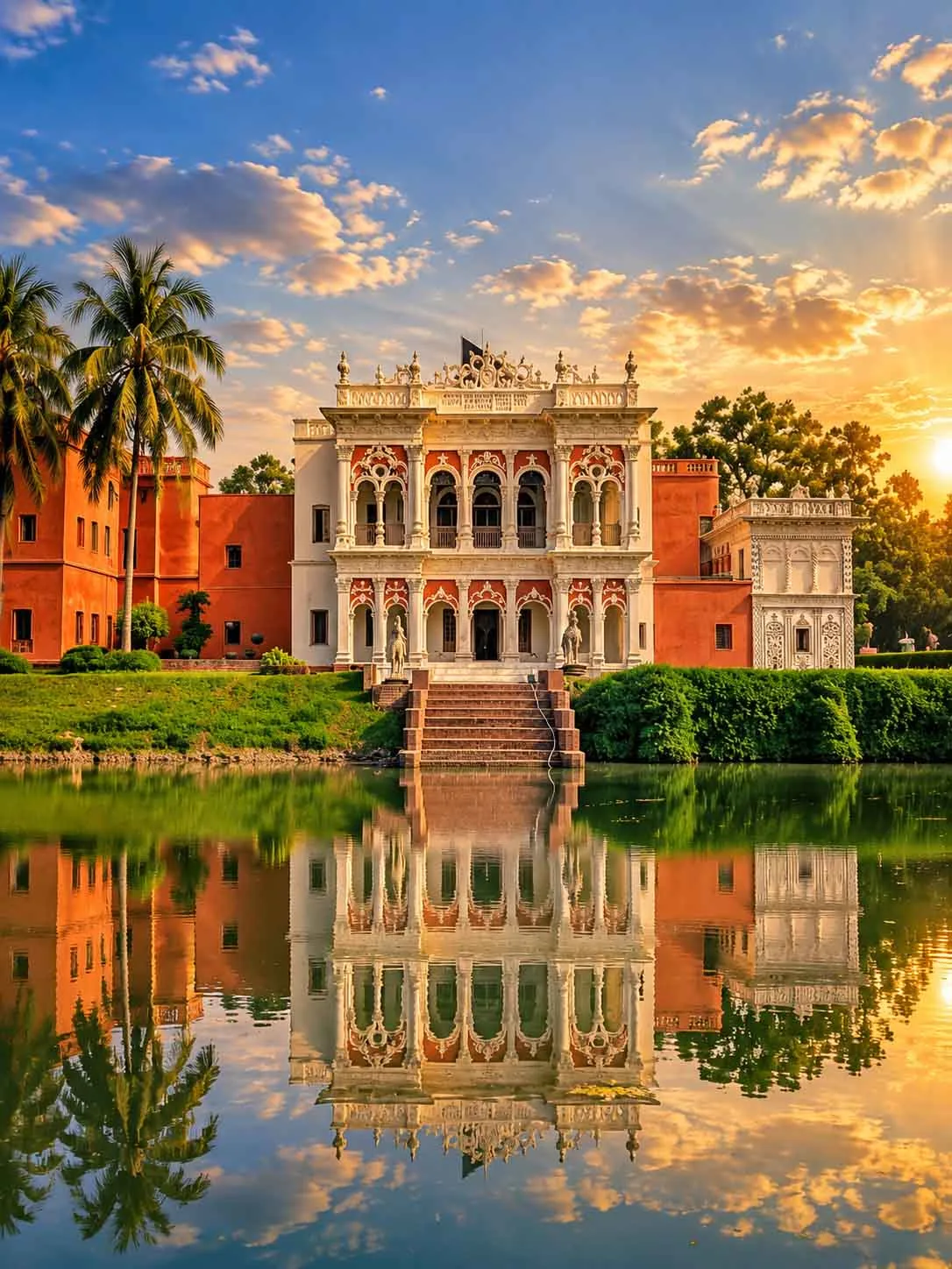 A dramatic golden hour landscape view of Boro Sardar Bari in Sonargaon, featuring the ornate white and terracotta historic palace facade perfectly reflected in a calm pond under a warm sunset sky with sunbeams.