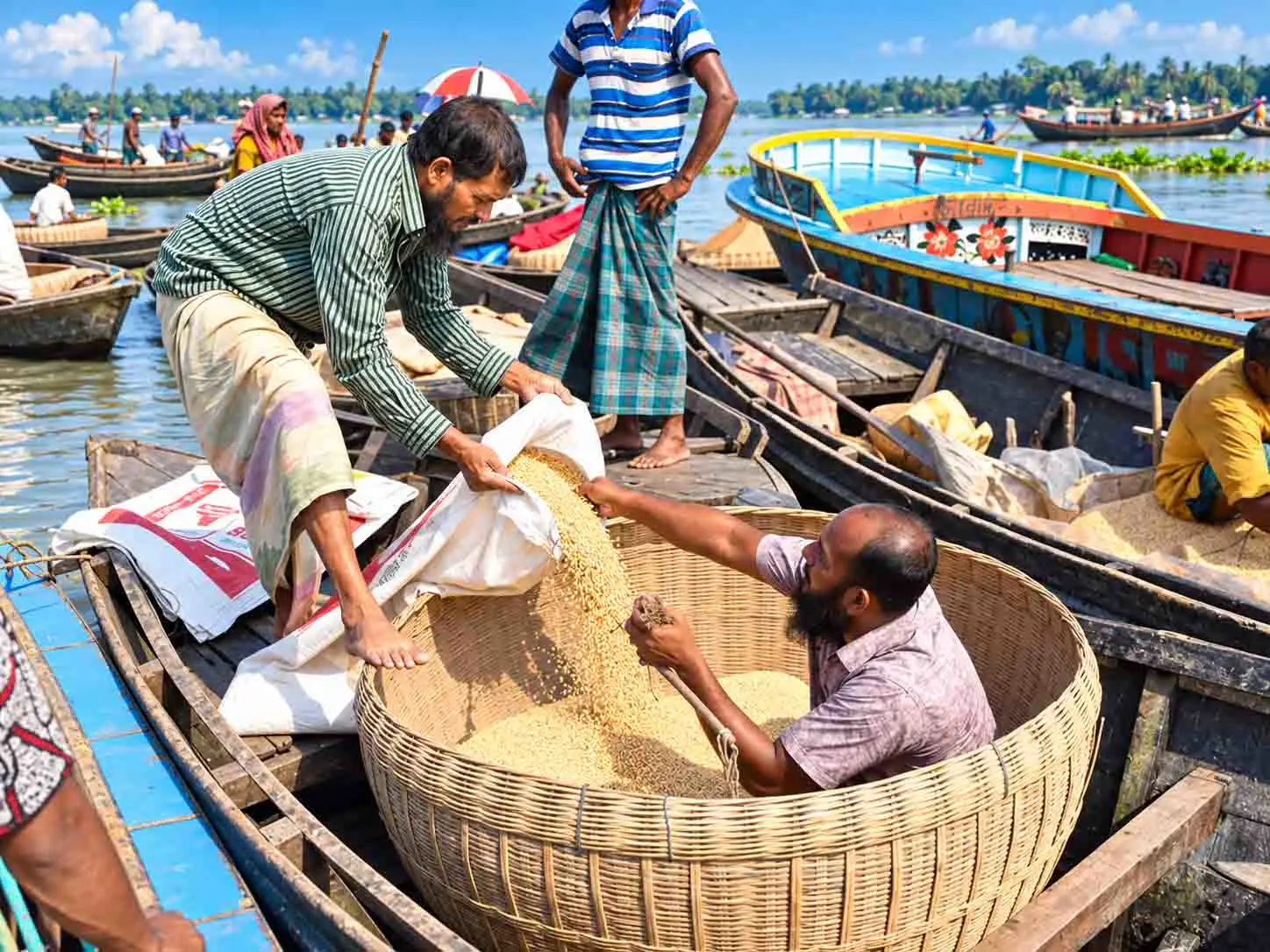 A daytime view of two Bangladeshi traders on wooden country boats, with one pouring golden grain from a white sack into a large round woven bamboo basket at a busy riverine market. 