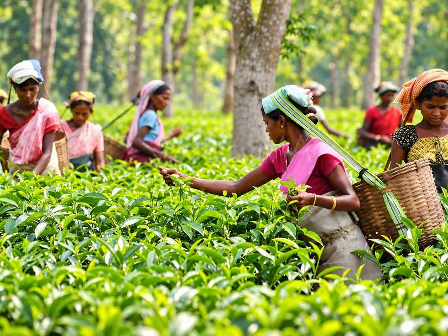 Women hand-picking fresh tea leaves in a lush green plantation, carrying traditional woven baskets.